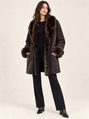 35. VINTAGE CHOCOLATE BROWN SHEARLING FUR COAT *NO BUTTONS